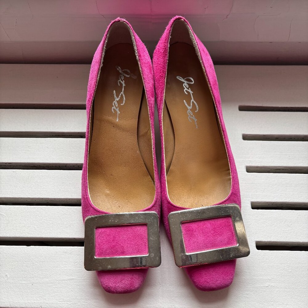 Pink stacked heel Pumps with Silver buckle